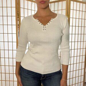 Casual White Top with Studded Neckline